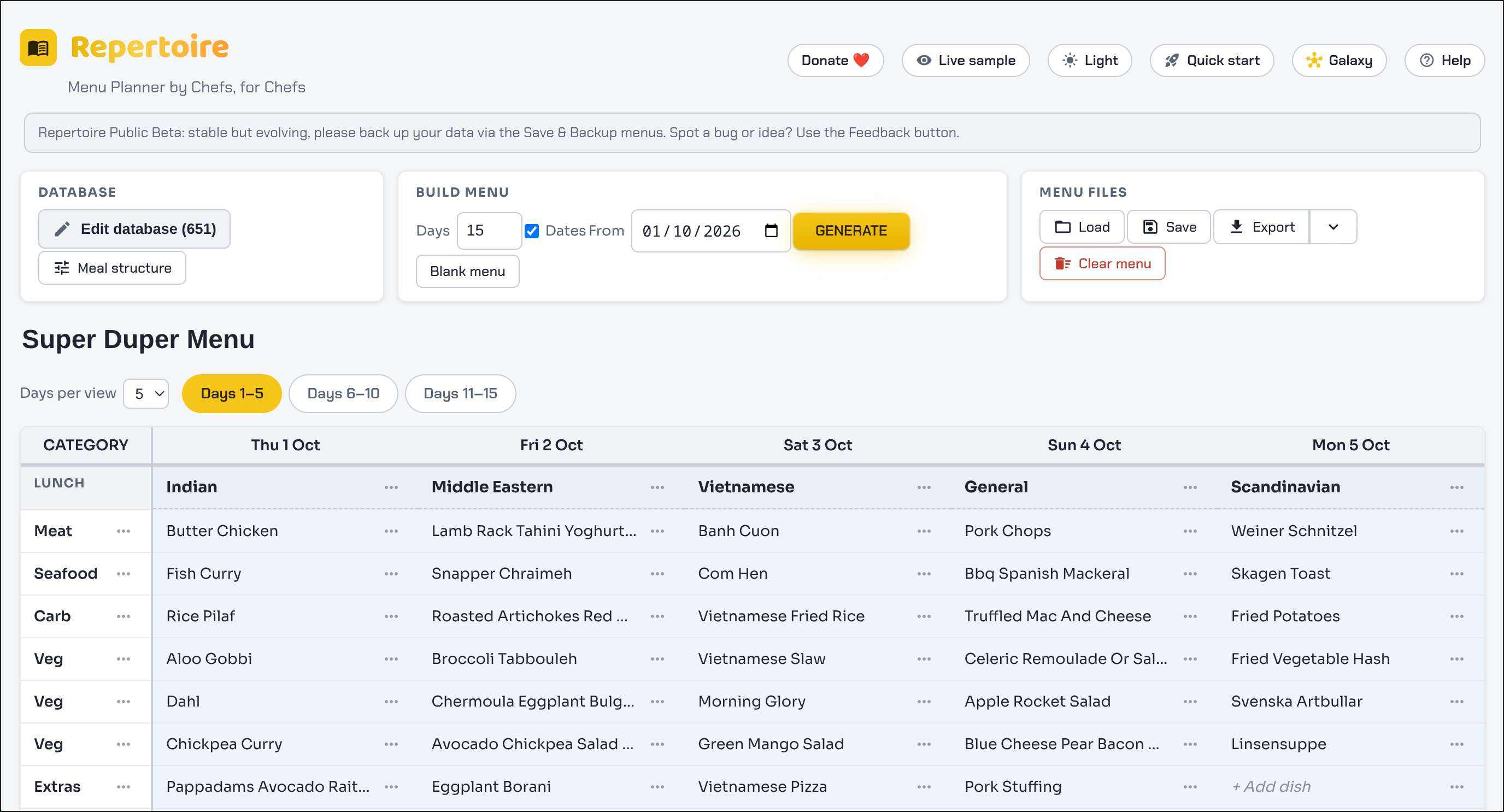 screenshot of a chef menu planning app